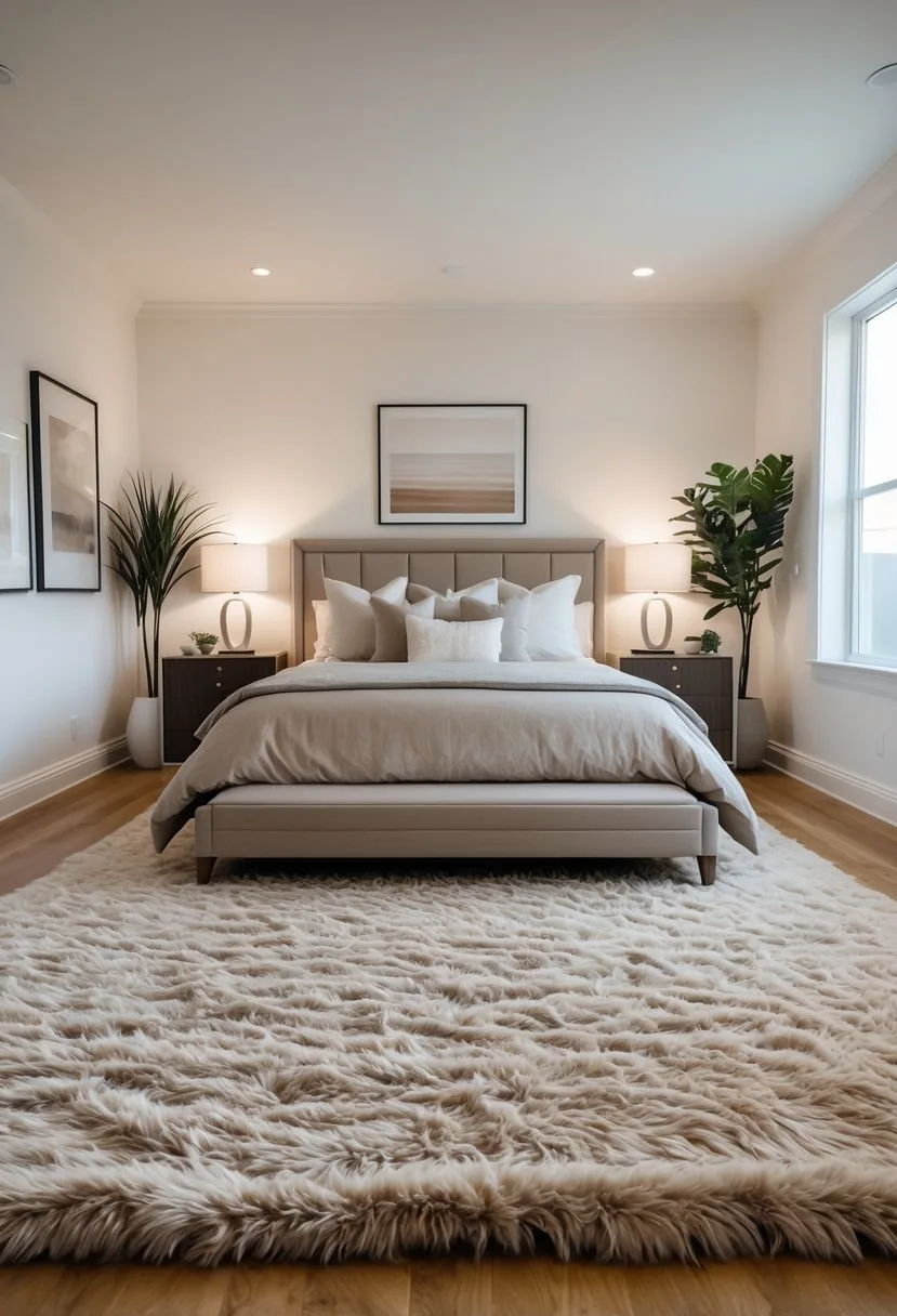 A king-sized bed in a bedroom with a large area rug extending beyond the bed edges, hardwood floors, and bedside tables with lamps.
