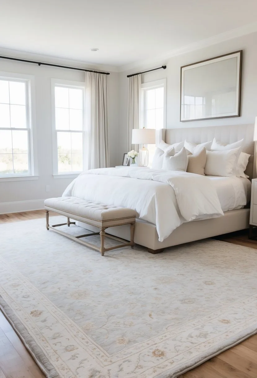 A king-size bed in a bright bedroom with a large area rug extending beyond the bed frame, showing the right rug size for the bed.