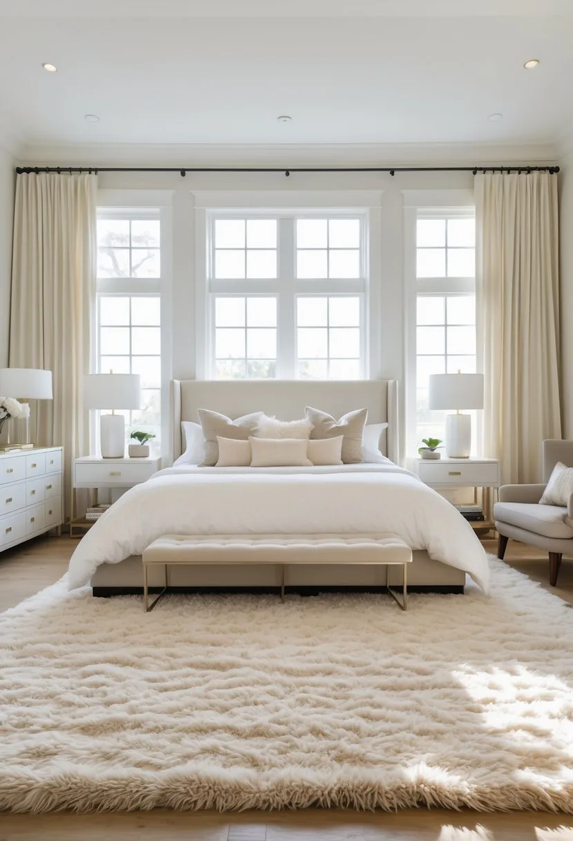 A king-sized bed centered on a large area rug in a bright bedroom with natural light and simple furniture.