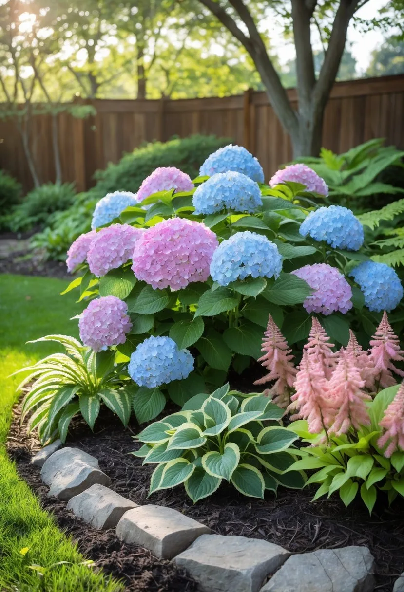 A garden with a blooming hydrangea bush surrounded by ferns, hostas, and astilbes under soft sunlight.