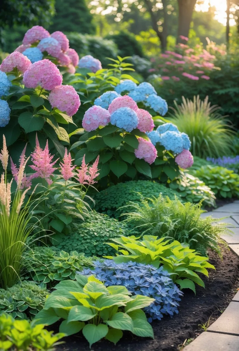 A garden scene with blooming hydrangeas surrounded by various green ground cover plants and flowering border plants.