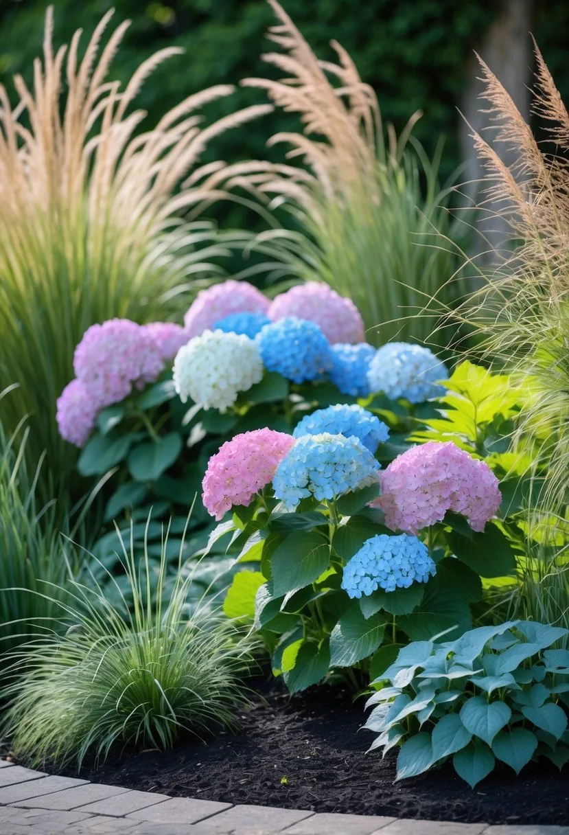 A garden bed with blooming hydrangeas surrounded by ornamental grasses and structural accent plants.